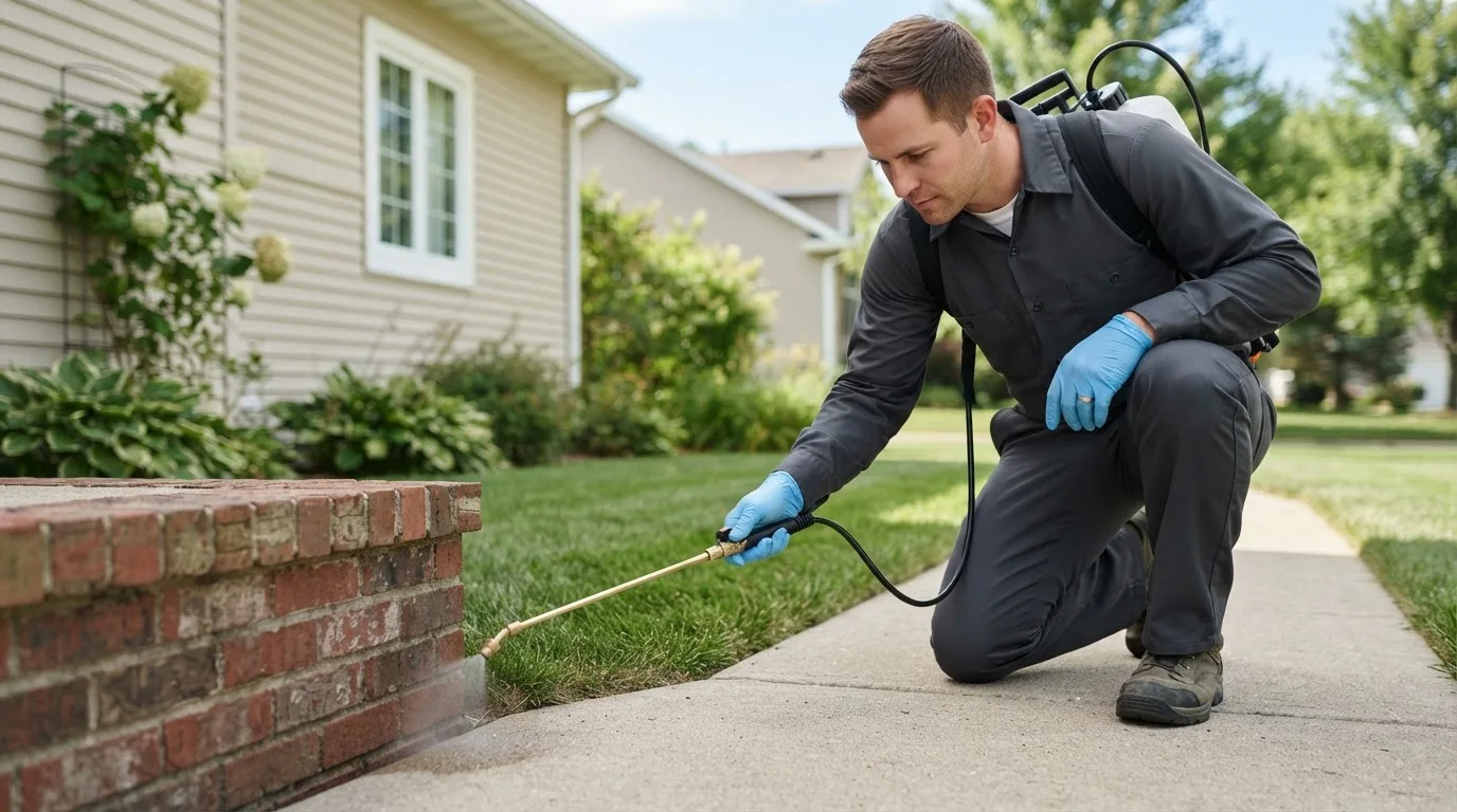 Pest control technician treating a home near Tehuacana, TX